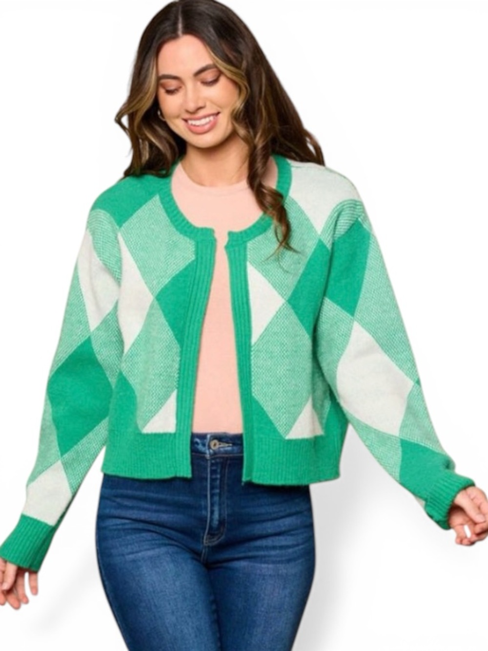 MISS LOVE Green & White Open Front Color Blocked Cardigan Sweater - Size L